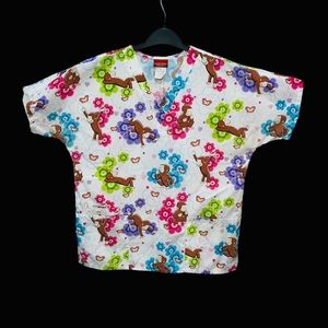 Curious George Monkey Shirt Floral Print Flowers White Womens Small Scrub Top